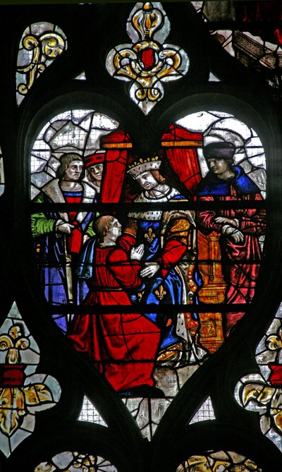 De la fenêtre w30, la fenêtre de la vie de Saint Romain : un prisonnier est reçu par le roi - French School