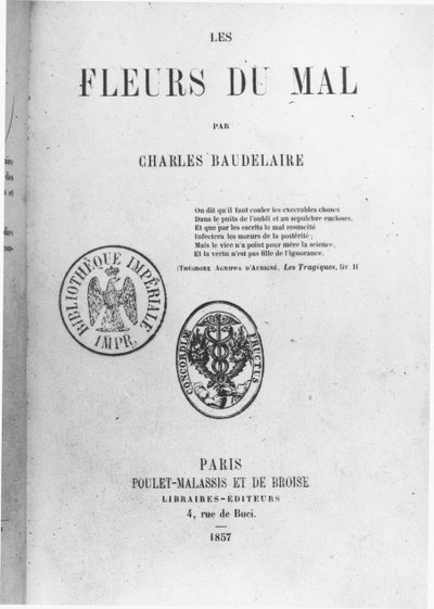 Couverture de la première édition de Les Fleurs du mal par Charles Baudelaire (1821-67) publiée par Poulet-Malassis et de Broise, 1857 - French School