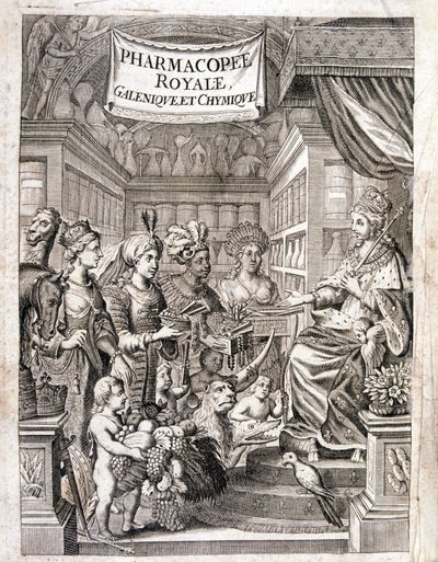 Frontispice de « Pharmacopée royale, galénique et chimique » par Morse Charas, Pharmacie au Jardin Royal des Plantes chez Laurent d