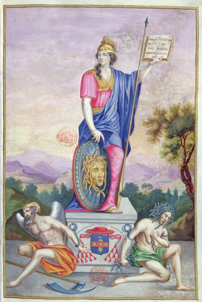 Frontispice illustration allégorique de la déesse Minerve de Les Panégyriques des Hommes Illustres de Notre Siècle par Puget de la Serre, 1655 - French School