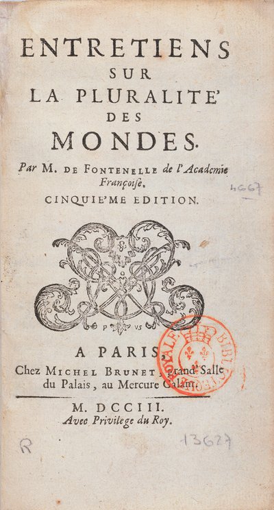 Frontispice des Entretiens sur la Pluralité des Mondes, écrit par Bernard Le Bovier de Fontenelle, publié en 1773 - French School