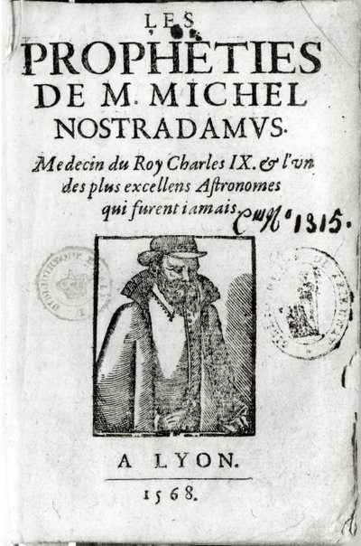 Frontispice de Les Prophéties de M. Michel de Nostradamus (1503-66), avec un portrait de Nostradamus, publié à Lyon 1568 - French School