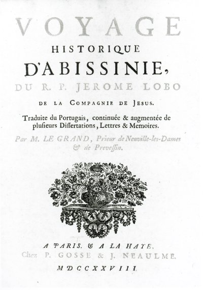 Frontispice de la traduction française de Voyage to Abyssinia par Jeronimo Lobo (c.1596-1678) publié en 1728 - French School