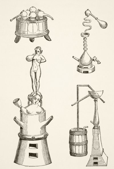 Four, cornues, alambics et appareils de distillation utilisés par les chimistes et les alchimistes au 16ème siècle, de Science et Littérature au Moyen Âge par Paul Lacroix (1806-84) publié à Londres en 1878 - French School