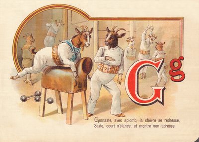 G: Gymnaste, avec aplomb, la chèvre se redresse, saute, court et montre son habileté - French School