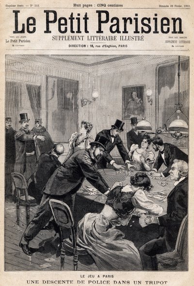 Maison de jeu à Paris : Descente de police dans un club de jeu (casino). Dans « Le Petit Parisien » le 26/02/1893 (gravure) - French School
