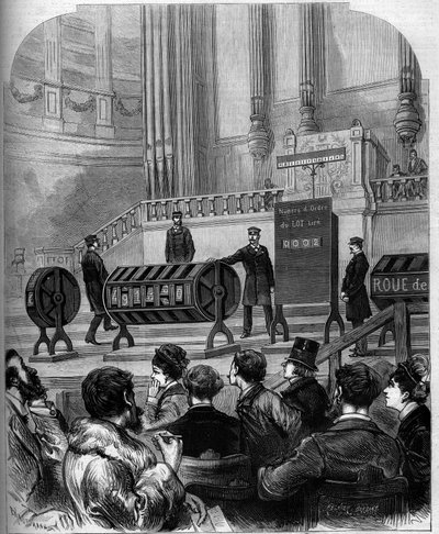 Jeu de hasard : tirage de la Loterie Nationale dans la salle des fêtes du Trocadéro le 6 janvier 1879 à Paris. Gravure dans « Le Monde Illustré » n°1140 du 1er février 1879 - French School