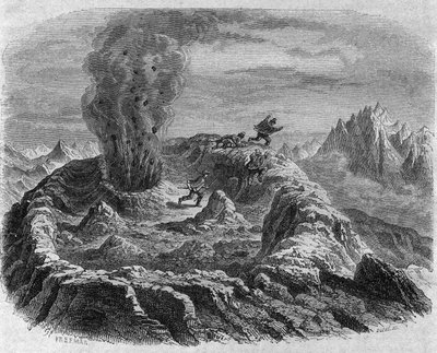 Éruption de gaz du volcan Antujo au Chili. Gravure par Freeman dans "The Picturesque Magasin" - French School