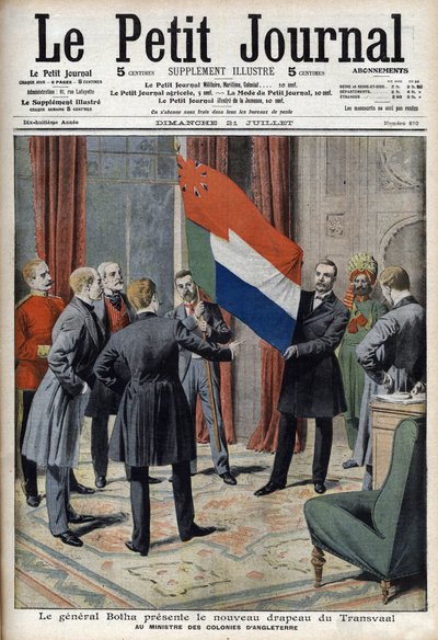 Le général Pieter Willem Botha (un Boer) présente le nouveau drapeau du Transvaal (Afrique du Sud) au ministre colonial anglais Lord Elgin - Dans « Le Petit Journal » du 21 juillet - French School