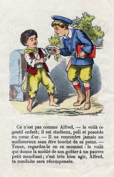 Générosité. Enfant donnant la moitié de son goûter à un petit mendiant. Alphabet des petits garçons. Abécédaire à valeur morale contenant des exercices de lecture. Imagerie d