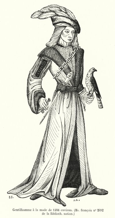 Gentilhomme à la mode de 1488 environ (gravure) - French School