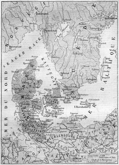 Carte géographique du Danemark en 1861, avec les duchés de Schleswig, Holstein et Lauenburg. Gravure dans « Le Monde Illustré » n°200 du 9 février 1861. - French School