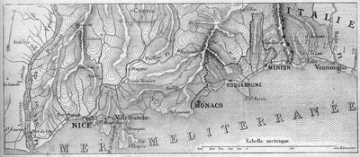 Carte géographique de la Principauté de Monaco, en 1861, avant que la ville de Roquebrune et Menton ne rejoignent la France. Gravure dans Le Monde Illustré n°202 du 23 février 1861 - French School