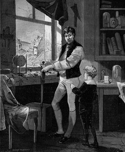 George Stephenson, ingénieur britannique (1781-1848) avec son fils - French School