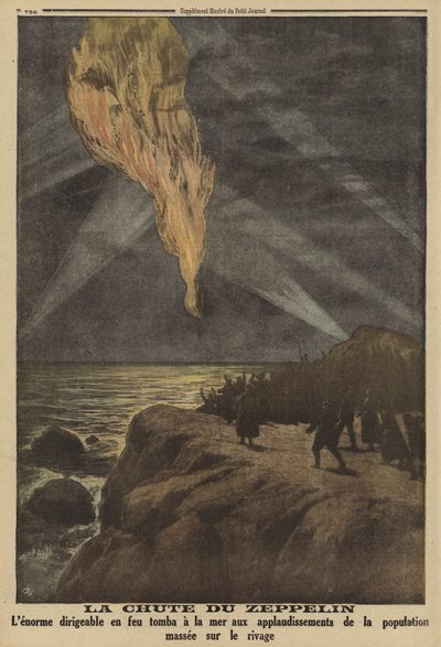 Zeppelin allemand abattu en flammes par des tirs antiaériens et s