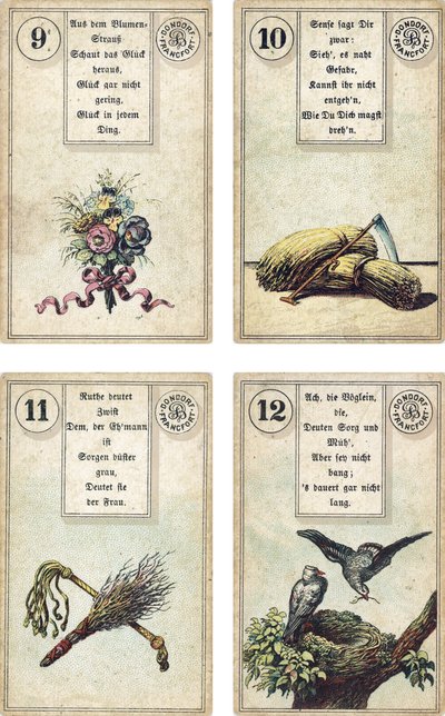 Édition allemande du jeu de cartomancie français Lenormand : Les Fleurs, La Faux, La Verge, Les Oiseaux, publié par Dondorf, Francfort, XIXe siècle - French School