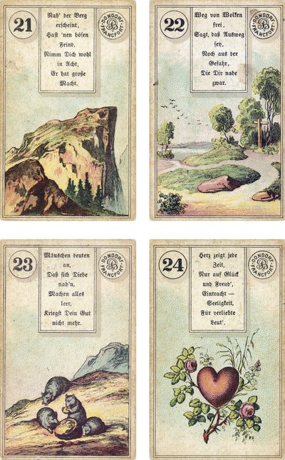 Édition allemande du jeu de cartomancie français Lenormand : La Montagne, La Route, Les Souris, Le Cœur, publié par Dondorf, Francfort, XIXe siècle - French School