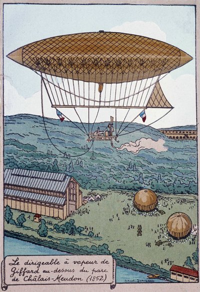 Aérostat à vapeur dirigeable de Giffard au-dessus du parc de Chalais - French School