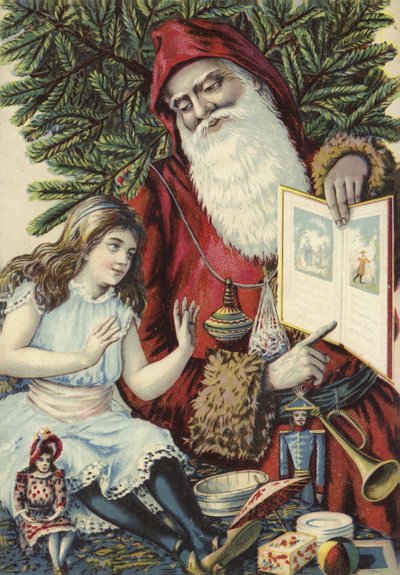 Fille montrant un livre illustré par le Père Noël - French School