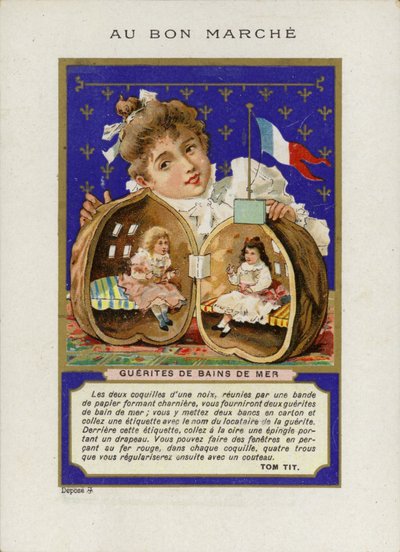 Fille jouant avec des poupées assise dans une coquille de noix, Guerites de bains de mer - French School