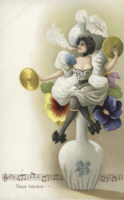 Fille assise sur un vase fumant et jouant des cymbales - French School