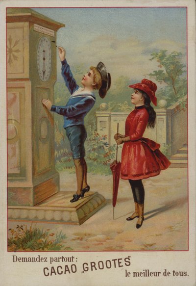 Fille regardant un garçon ajuster une horloge - French School
