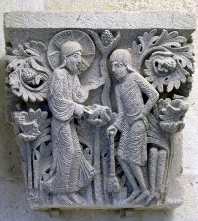 Dieu ordonnant à Adam de travailler la terre, chapiteau original de la nef de la cathédrale - French School