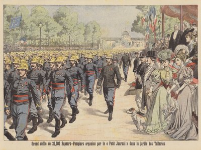Grand défilé de 20 000 pompiers au Jardin des Tuileries à Paris (lithographie couleur) - French School
