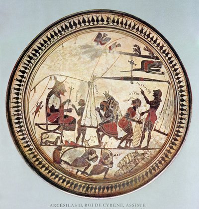 Coupe grecque représentant Arcesilas II, roi de Cyrène (c.560-550 av. J.-C.) observant la pesée et le chargement du silphium, copie d