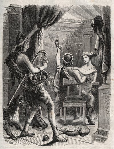 Mythologie grecque : "Ce cri fut poussé par Paris". Paris surprend Hélène avec Périthoos. Gravure de 1871 dans "Histoire Des Cocus Célèbres" par Henry de Kock - French School