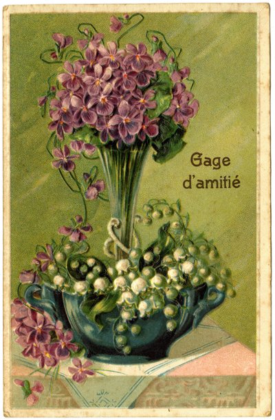 Salutations avec bouquet de fleurs et brins de muguet. - French School