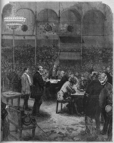 Grève des cochers de charrettes de Paris en 1878 : élection de délégués à la compagnie des Petites Voitures au cirque Fernando. Gravure dans "Le Monde Illustré" n°1116 du 17 août 1878. - French School