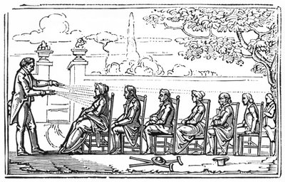 Thérapie magnétique de groupe, illustration de Thérapeutique Magnétique par Baron du Potet, 1863 - French School