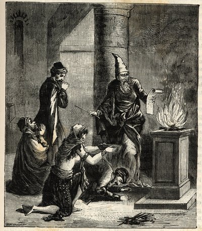 Guèbres (ou Zoroastriens) - Adorateurs du feu - gravure dans «Sciences à la portée de tous - physique et chimie populaires» par Alexis Clerc. Fin du XIXe siècle. Collection privée - French School