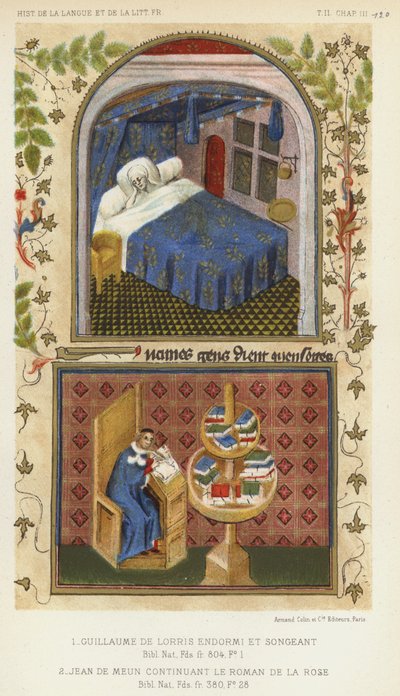 Guillaume de Lorris endormi et songeant, Jean de Meun continuant le Roman de la Rose - French School
