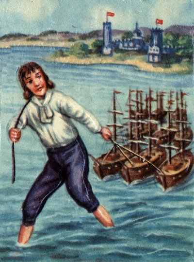 Gulliver tire les navires ennemis vers le port de Lilliput. Illustration pour l