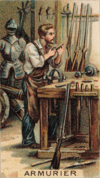 Armurier au travail dans son atelier (chromolitho) - French School