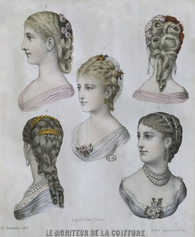 Coiffures, illustration du Moniteur de la Coiffure, 10 décembre 1879 - French School
