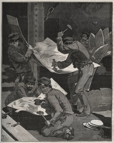 Martelage et assemblage des pièces de la Statue de la Liberté réalisée par Frédéric Auguste Bartholdi (1834-1905). Gravure de 1880 dans « Les arts et métiers illustrés » par Adolphe Bitard. - French School