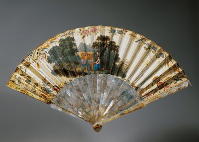 Éventail avec allégories des quatre saisons, feuille de peau de chèvre et côtes en nacre - French School