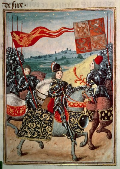 Chevalier et deux serviteurs montés avec l