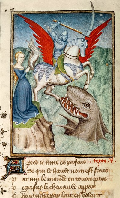 Andromède sauvée du monstre par Persée chevauchant Pégase, copie parisienne, c.1410-11 - French School