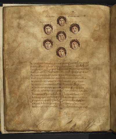 Illustration des visages des Pléiades, sept sœurs qui vivaient dans les cieux comme des étoiles, avec leurs noms inscrits autour d