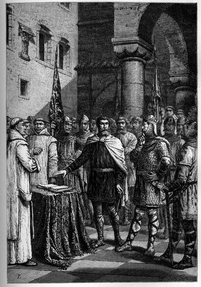 Harold, roi des Anglais, prête serment de fidélité à Guillaume, duc de Normandie (Guillaume Ier) - Harold II (1020-1066) dernier roi anglo-saxon couronné en 1064, prêtant serment sur les reliques sacrées devant Guillaume Ier le Conquérant pour soutenir sa  - French School