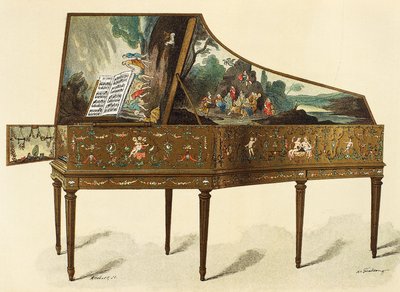 Clavecin décoré de grotesques, illustration du Dictionnaire du mobilier et de la décoration, par Henry Havard, Volume I - French School