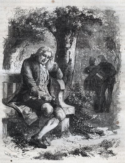 Jean-Jacques Rousseau surprend sa compagne Marie-Thérèse Le Vasseur en plein adultère. Gravure de 1871 dans "Histoire Des Cocus Célèbres" de Henry de Kock - French School