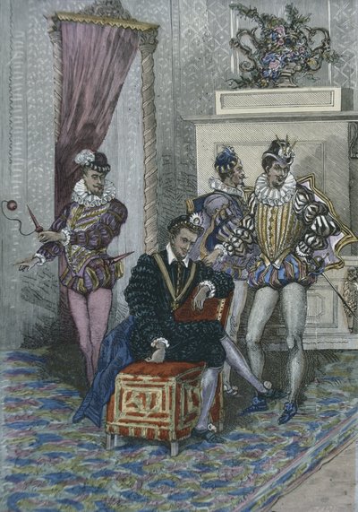 Henri III (1551-89) et ses favoris (gravure en couleur) - French School