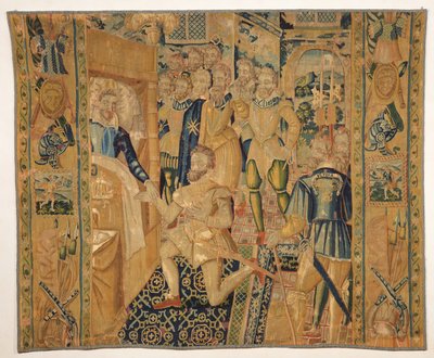 Henri III de Valois remettant les insignes du pouvoir à Henri III de Bourbon - French School
