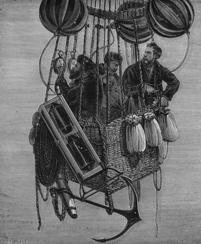 Henri Théodore Sivel (1834-75), Joseph Croce Spinelli et Gérard Tissandier dans la gondole du ballon Zenith, 15 avril 1875 - French School