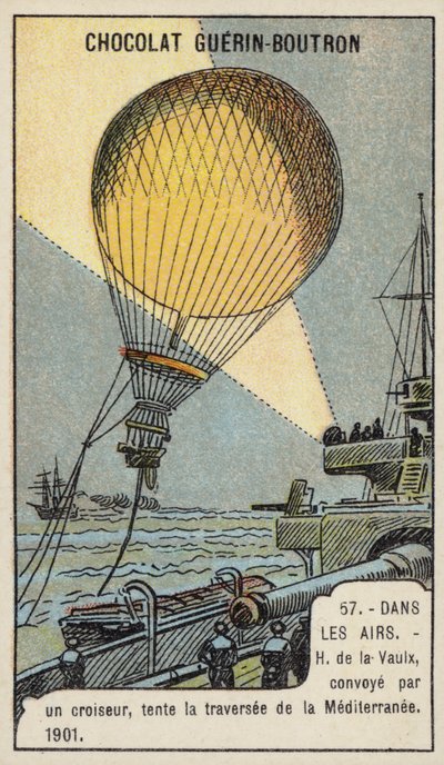 Henri de la Vaulx tentant une traversée en ballon de la Méditerranée, escorté par un croiseur - French School